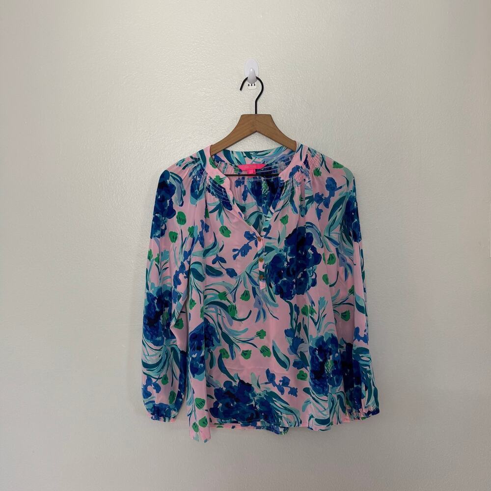 Lilly Pulitzer Women's 100% Silk Elsa Blouse in Sweet Pea Size Small